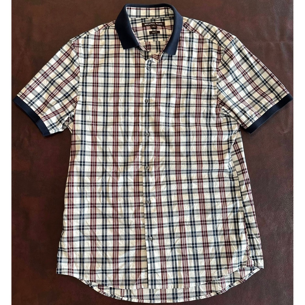 Michael Kors Mens Slim Fit Plaid Short Sleeve Button Down Shirt Navy Burgundy M